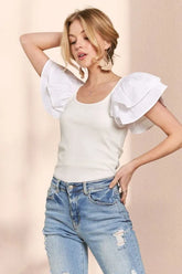 Layered Ruffled Sleeve Ribbed Top Adora